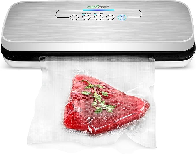 NutriChef Vacuum Sealer Machine – Compact Silver Vacuum Sealing System with Dry & Moist Modes, LED Indicators, Starter Kit & Extra Bags – Ideal for Food Preservation, Meal Prep & Sous Vide Cooking
