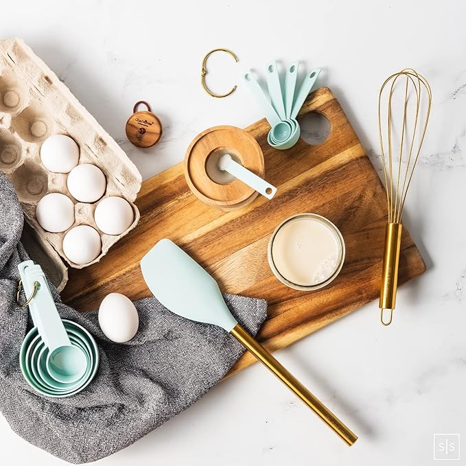 Teal Blue Kitchen Utensils Set with Holder – 17-Piece Nonstick Safe Cooking Utensils with Gold Utensil Holder – Stylish Teal Blue Kitchen Accessories for Cooking and Baking
