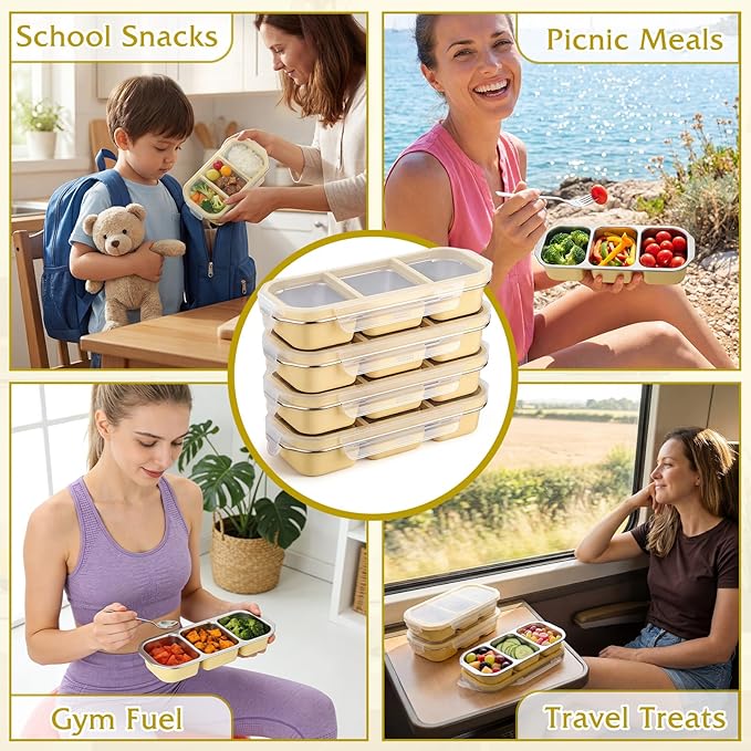 FoldTier 4 Pack Stainless Steel Snack Container for Adults 3-compartment Leak-proof Lunch Box for Work, Travel 10.6 x 4.1 x 2 Inch Stackable Reusable Metal Bento Box(Yellow)