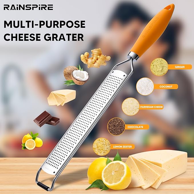 Rainspire Zester Grater with Handle, Lemon Zester Cheese Grater for Kitchen Stainless Steel, Parmesan Cheese Garlic Nutmeg Chocolate Fruits Vegetables Ginger Grater, Fine (Orange)