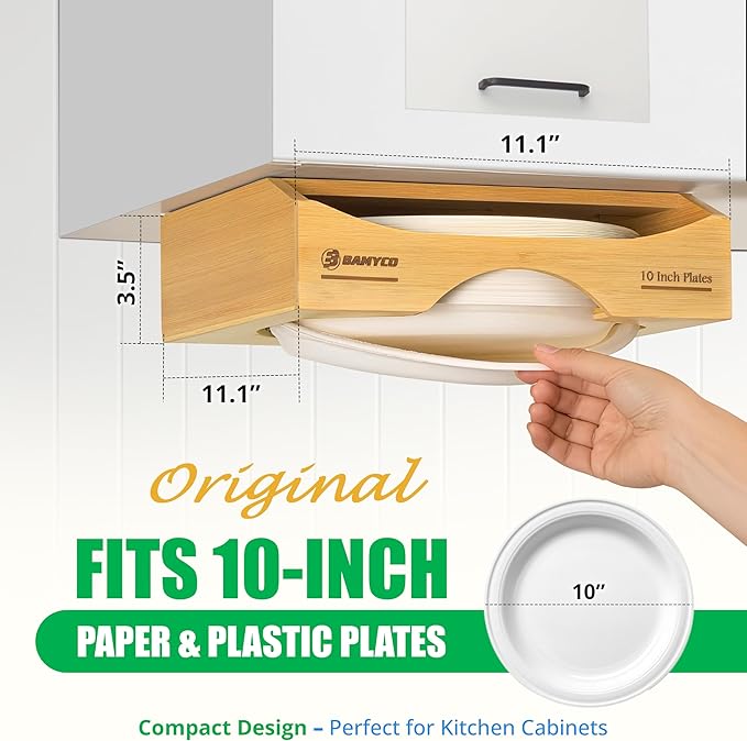 Bamboo Paper Plate Dispenser Under Cabinet for 10 Inch Paper Plates - Plate Organizer for Cabinet – Storage Paper Plate Holders Reusable for Kitchen organizer and Plastic Dinner Plates Disposable
