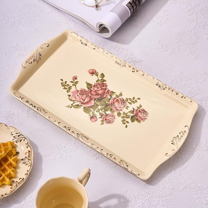 YOLIFE Ceramic Rose Serving Tray, Decorative Platter for Tea Party - 13.5 inch