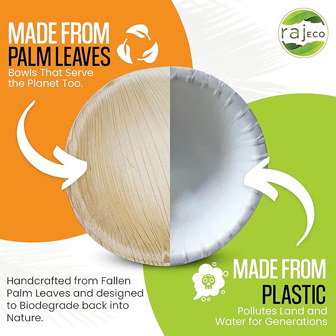 Raj Disposable Palm Leaf Bulk Bowls (400 Count, 4" Bowls) Strong Bowl Like Bamboo Party Bowl - Decorative Compostable Tableware for Lunch, Dinner, Birthday, Camping, Outdoor, BBQ, Picnic