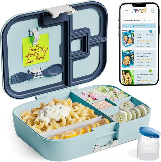 YOOPI Lunch Boxes for Kids–Toddler Bento Box with 4 Leakproof Compartment Food Bentobox Container,Lunch Box for School with Lunchbox Containers, Lightweight Sandwich Box & Snack Box (Aqua)
