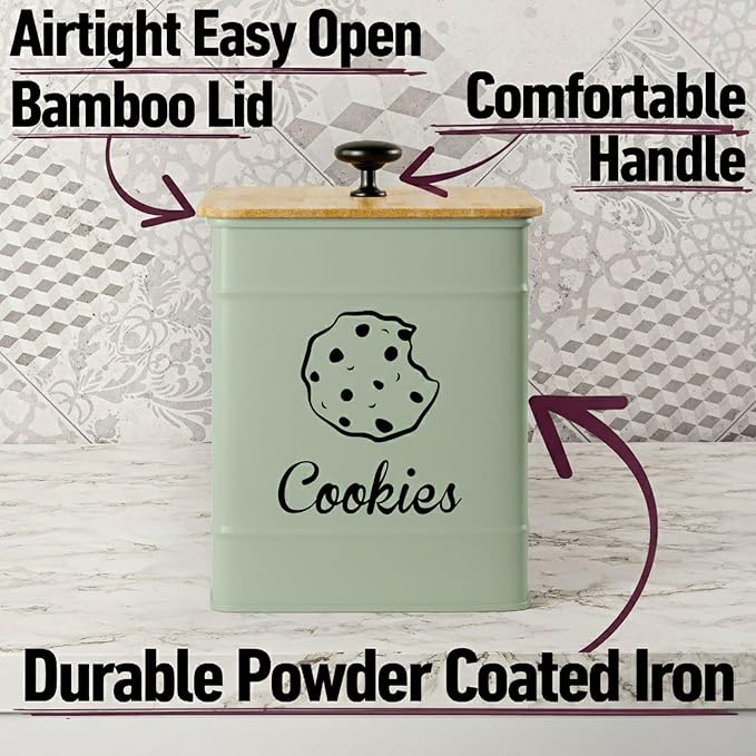 Cookie Jar with Airtight Lid - 1 Gallon - 6"D x 8"H Green Iron Cookie Tin with Bamboo Lid - Large Cookie Jars with Lids Airtight - Farmhouse Cookie Jars for Kitchen Counter Decorative - Cookies Jar