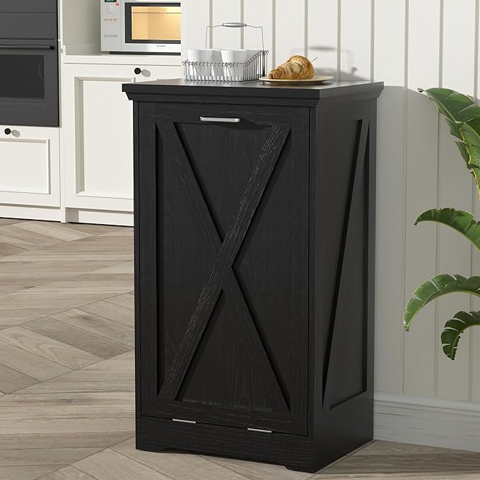 TOLEAD Tilt Out Trash Can Cabinet, 10-13 Gallon Kitchen Trash Cabinet Hidden Trash Can with Deodorizing & Negative Ion Pet Proof for Kitchen,Dining Room, Living Room (Black, 1 * 13 Gallons)