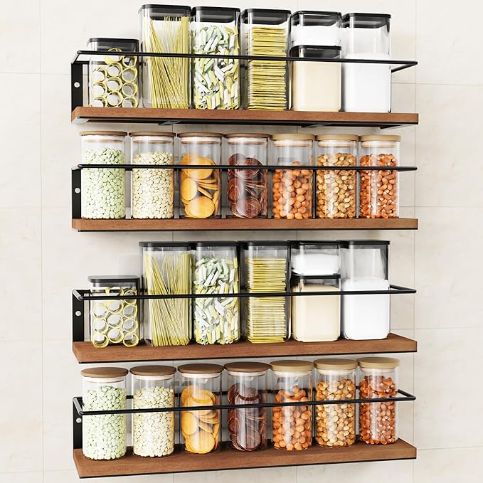 Spice Rack Self-Adhesive or drilling, Rustic Style Hanging Spice Rack, Spice Organization for Cabinet Door or Wall Mount, Over The Stove, Kitchen Wall, 4-Pack
