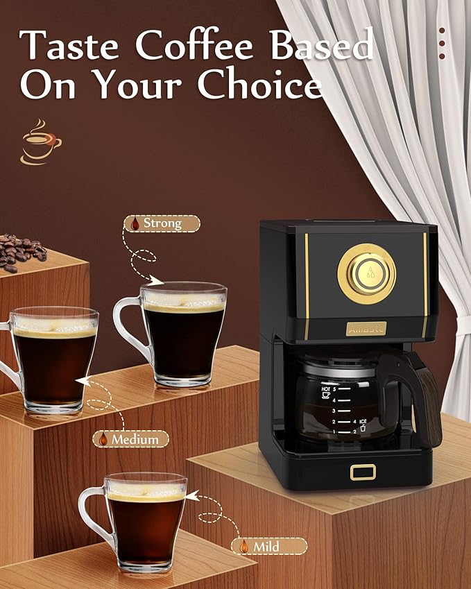 Amaste Coffee Maker, 25 Oz Drip Retro Style Coffee Machine with Glass Coffee Pot with Reusable Coffee Filter & Three Brewing Modes, Warming Plate, CM 1003AE-Black