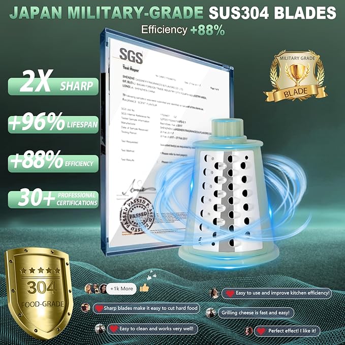 2025 Upgrade 6-In-1 Cheese Grater【 Military-Grade SUS304 Blade - 3S Fast Cut】【SGS Certification - German Nano Strong Suction Base】Cheese Grater Hand Crank Suitable for Home Use (Green)