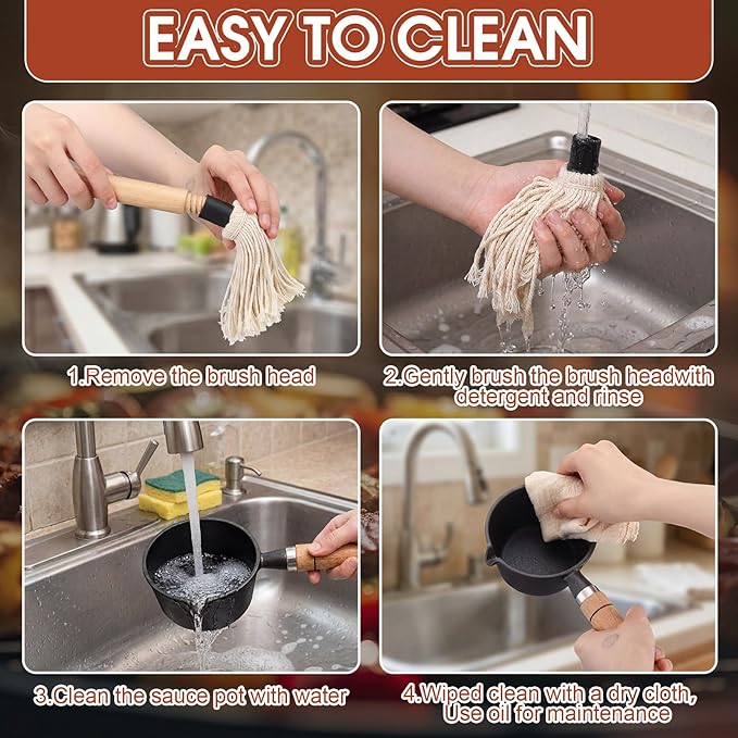 7 Pcs BBQ Mop Brush and Cast Iron Sauce Pot Set Include 15&24oz Cast Iron Basting Pot 2 Size Wooden Handle Sauce Mops with 2pcs Replacements and Oil Brush for Meat Smoker Melting Camping