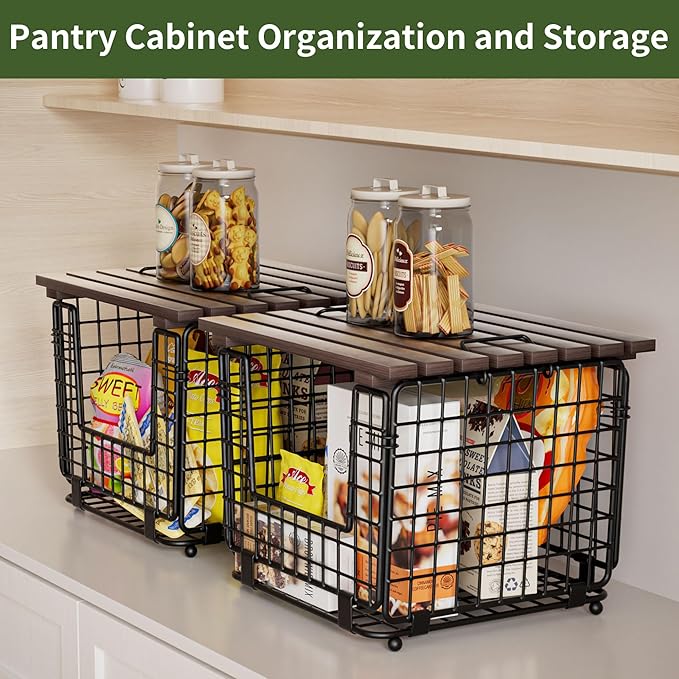Wire Storage Basket For Kitchen Pantry and Counter - Stackable Wire Organizing Bin For Produce, Vegetable - Countertop Potato, Onion, Veggie Basket Brown