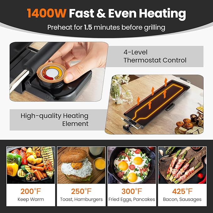 Nightcore 35" Large Electric Griddle, Teppanyaki Grill w/Adjustable Thermostat, Insulated Handles, Drip Tray & Nonstick Surface, Pancake Griddle, Indoor Outdoor Tabletop BBQ Grill for Party Camping