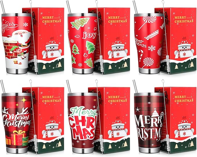Mifoci 6 Pcs Christmas Tumblers 30oz Stainless Steel Christmas Travel Coffee Cup Double Insulated Vacuum Tumbler with Lid Straw Santa Claus Holiday Mug Gifts for Coworker Team Teacher(Novelty)