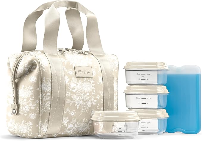 Fit & Fresh Remi Neoprene Lunch Bag For Women - Meal Prep Kit with Containers & XL Ice Pack, Self Insulating Neoprene-like Material, Machine Washable Lunch Bag, Tear & Stain-Resistant, Tan Toile