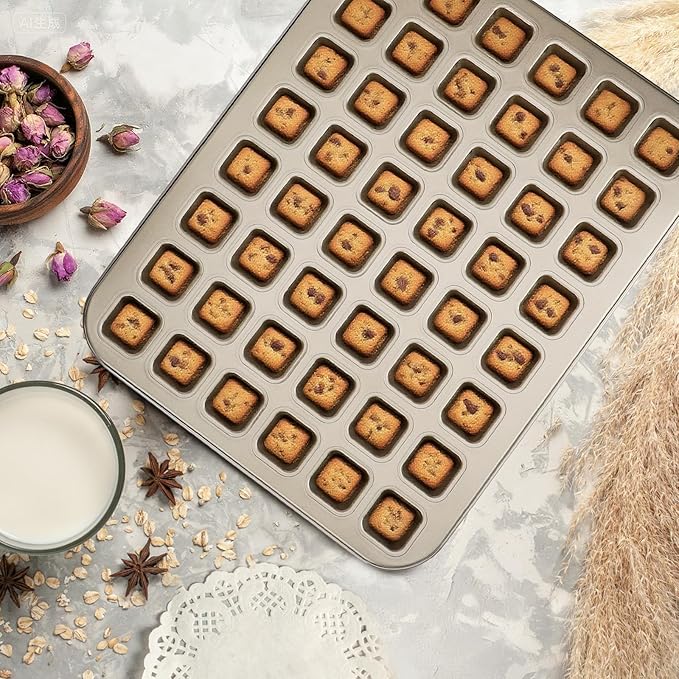 Beasea Square Mini Brownie Bite Pan, 2 Pack 48 Mini Small Tiny Cup All Edges Non Stick Square Cupcake Baking Sheet Tin Tray Carbon Steel Bakeware Individual Muffin Baking Pan - Gold
