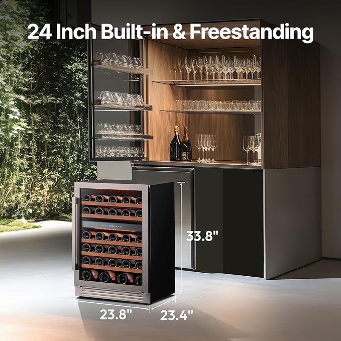 Ca'Lefort Wine Fridge & Cooler - 24 Inch 52 Bottle Wine Cooler Refrigerator, 40-65°F Dual Zone Wine Refrigerator Glass Door, 3 LED Built-in or Freestanding Fridge for Home/Bar/Kitchen (5.65 cu.ft)