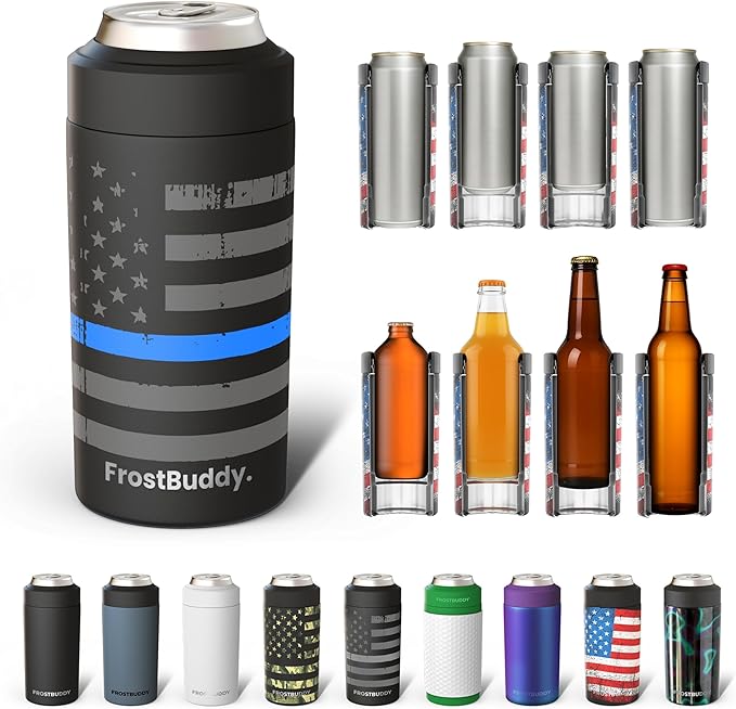 Frost Buddy Universal Can Cooler - Fits all - Stainless Steel Can Cooler for 12 oz & 16 oz Regular or Slim Cans & Bottles - Stainless Steel (Police)