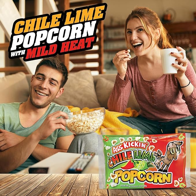 ASS KICKIN' Chile Lime Microwave Popcorn Bags - 12 Pack - Ultimate Spicy Popcorn Gourmet Gift - Makes a Great Movie Theater Popcorn or Snack Food for Movie Night