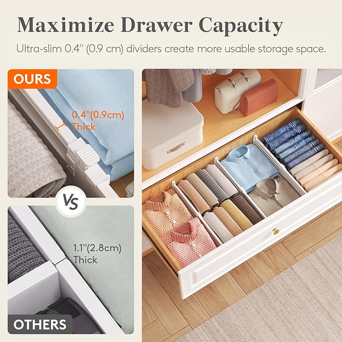 Lifewit 5" Tall 5 Pack Drawer Dividers, 30-47cm/11.5-18.5" Expandable Drawer Divider for Clothes, Adjustable Dresser Drawer Organizers, Drawers Separators for Dresser/Bathroom/Closet/Kitchen White