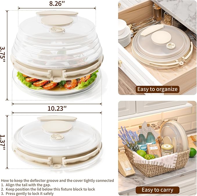 10 inch Microwave Splatter Cover for Food with Water Steamer, Collapsible Plastic & Silicone Microwave Plate Cover with Handle and Anti-Scald Base Plate, Kitchen Cooking Guard, Beige