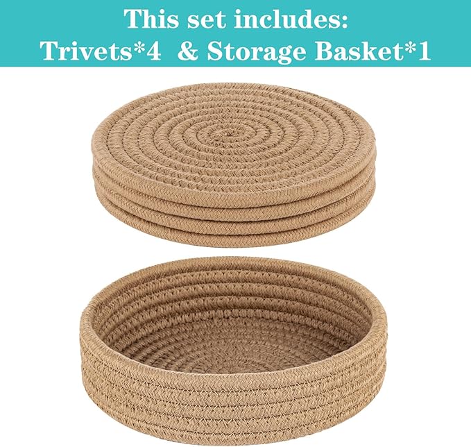 Trivets for Hot Dishes, Pots and Pans, Hot Pads with Storage Basket, Pot Holders for Kitchen, Heat Resistant Mat Protect Counter Home Essentials, Farmhouse Decor (Khaki 4 PCS)