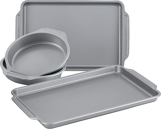 Farberware Nonstick Bakeware Set Includes Baking Cake Pans and Cookie Sheets, 4 Piece, Gray