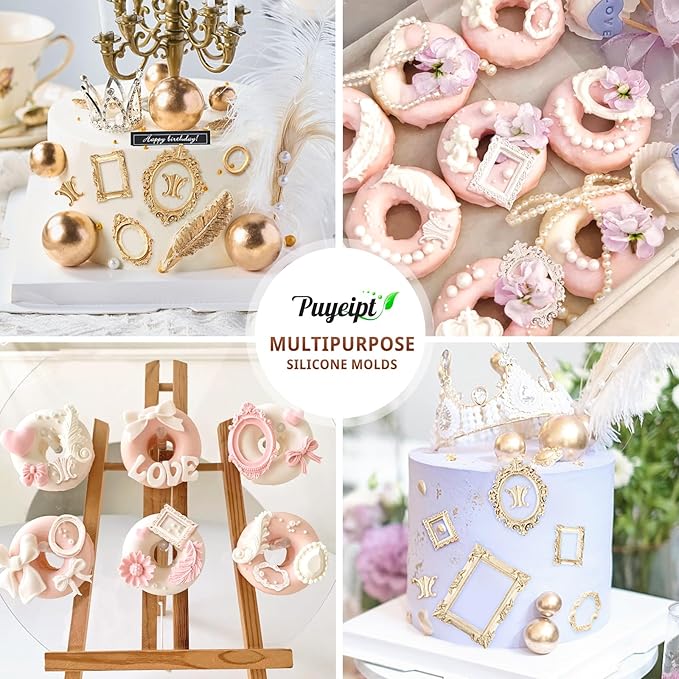 Puyeipt 4 Pcs Photo Frame Silicone Molds, Baroque Style Picture Photo Frames and Mirrors Fondant Molds for Cupcake Topper, Chocolate, Candy, Donut Cake Puck Decoration and Clay Craft Making