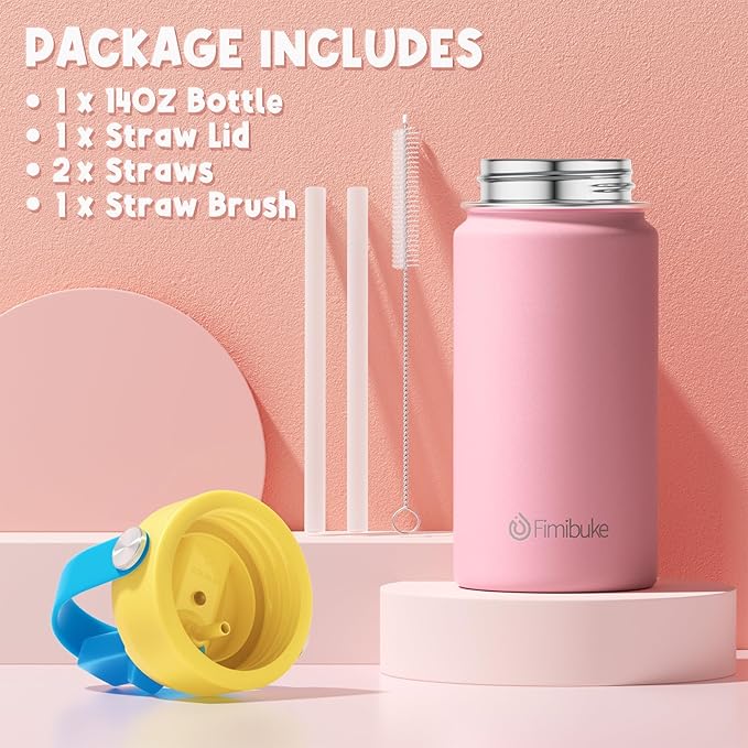Fimibuke Kids Insulated Water Bottle, 14oz BPA FREE 18/8 Stainless Steel Travel Tumbler Double Wall Vacuum Leak Proof Kids Cup with Straw Metal Water Bottle for School Boys Girls(1 Pack, Magenta)