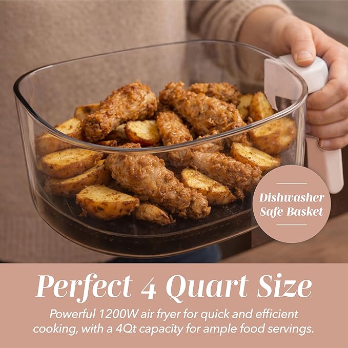 COOK WITH COLOR Colorful 1200W 4Qt Air Fryer: Glass Basket, Dishwasher Safe, 60min Timer, 6 Presets, Temp Control 175F-400F, 4 QT, Dusty Rose