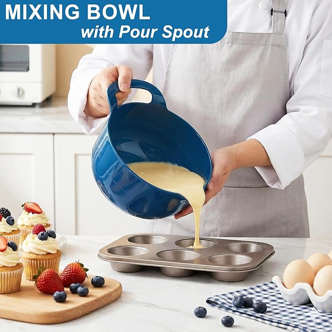 BoxedHome 4 Pack Nesting Mixing Bowl with Pour Spout and Handle, BPA free Microwave & Dishwasher Safe(Green/Blue, 4 Pack with Handle)