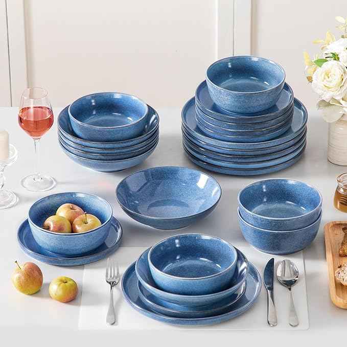 vancasso ANYA 24 Pieces Plates and Bowls Set, Blue Dinnerware Sets, Reactive Glaze Dishes Set for 6, Ceramic Dishware Sets Kitchen Dinner Set, Microwave & Dishwasher Safe