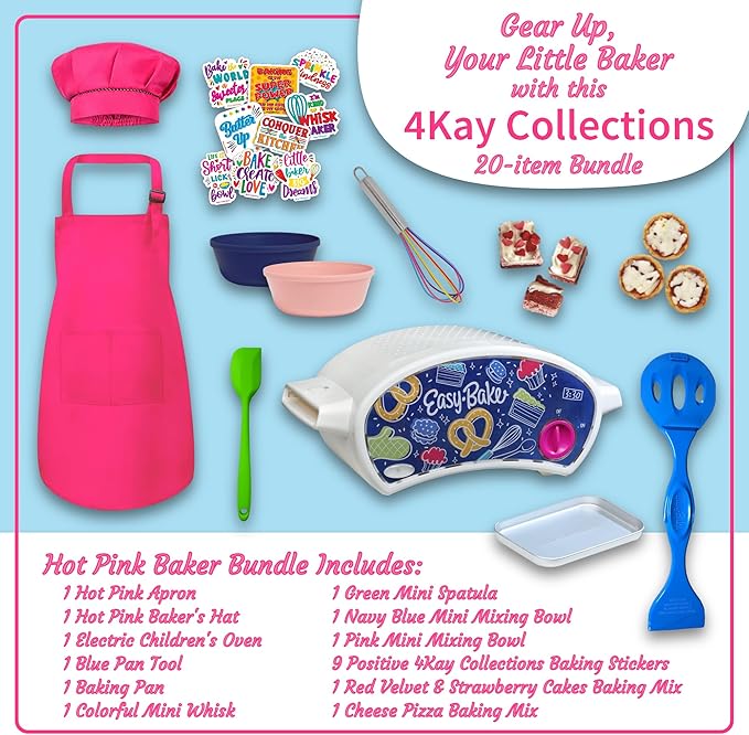 Ultimate Easy Baking Oven Bundle For Kids With 20 Items - Oven, 2 Refill Mixes, Apron, Hat, 2 Bowls, Spatula, Whisk, 9 Stickers, Baking Pan & Tool (Happy Hot Pink Baker Bundle)