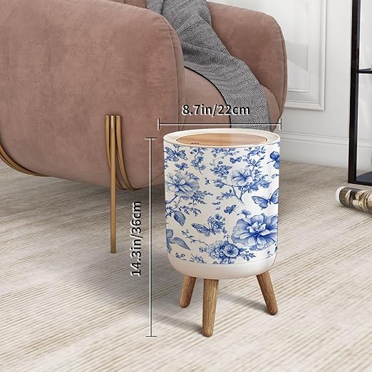 Trash Can with Lid Vintage floral Seamless Wild Roses butterflies Blue white Toile de Press Top Round Small Garbage Bin with Wooden Legs Waste Basket for Kitchen Bedroom Nursery 7L/1.8 Gallon