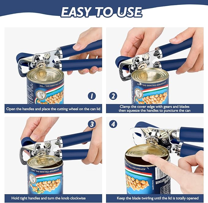 10 Colors Can Opener Manual Handheld Heavy Duty Hand Can Opener Smooth Edge Stainless Steel Can Openers Top Lid Kitchen Gadgets, Best Large Rated Easy Turn Knob, with Bottle Opener, Navy Blue