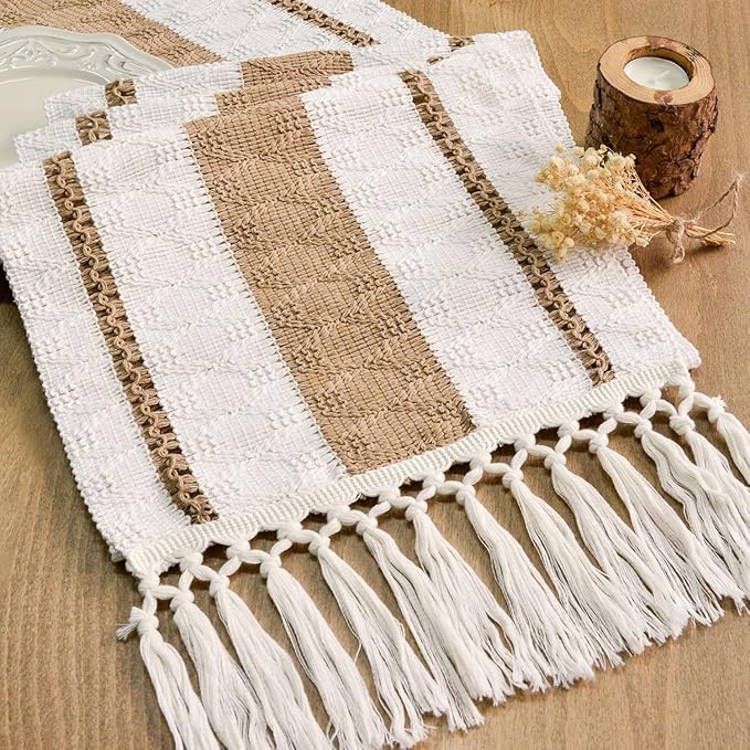 FEXIA Boho Table Runner for Hoilday Spring Home Decor with Tassels Pottery barn Furniture Farmhouse Rustic Macrame Burlap Table Decoration for Living Room (12x36 Inches)