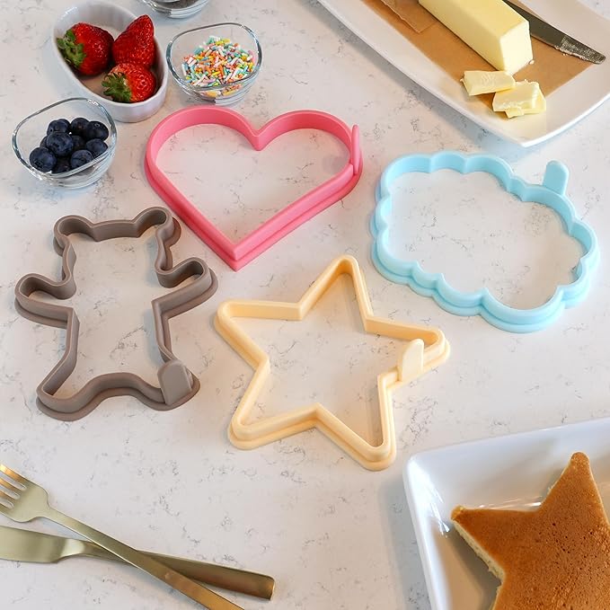 Silicone Pancake Molds for Heart, Star, Teddy Bear, Cloud Shape Pancakes, Set of 4, Premium Nonstick Pancake Shaper for Kids, Pancake Maker Mold for Griddle