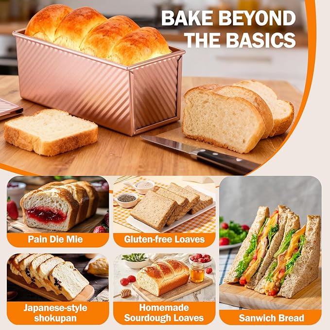 Pullman Loaf Pan with Lid, 13x4 inch, Premium 2.2LB Nonstick Sandwich Bread Loaf Pan for Homemade Sourdough Bread, Heavy Duty Carbon Steel Corrugated Toast Box with Cover for Baking, Bakeware
