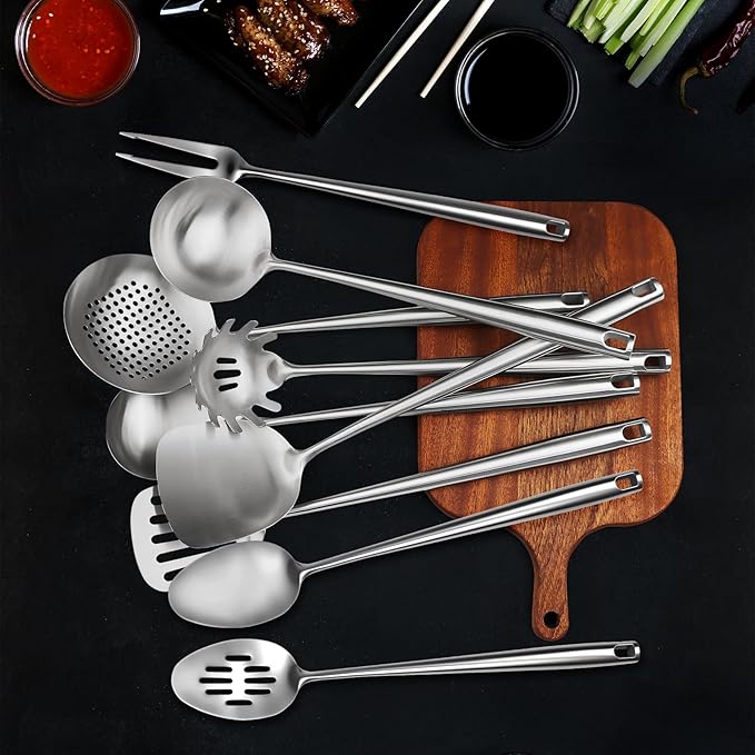 18/10 Stainless Steel Kitchen Utensils Set,9 Pcs Professional All Metal Cooking Utensils Set with Wok Spatula,Soup Ladle,Skimmer,Slotted Spatula Turner,Spaghetti Spoon,Large Spoon(Dishwasher Safe)