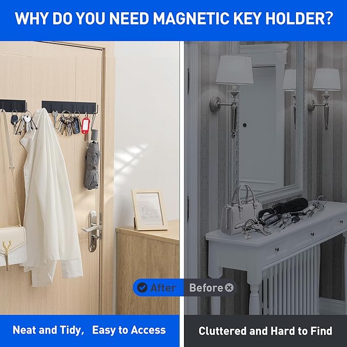 2Pcs Magnetic Key Holder Wall Mount, Magnetic Key Rack Hanger With 6 Hooks For Metal Front Door, Magnetic Utensil Holder For Fridge, Strong Magnet Hanger Hook For Hanging Purse Kitchen Grill Tool Coat