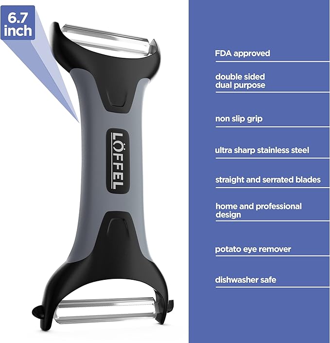 Peeler for Potato Vegetable Orange - Heavy Duty Double Sided Dual Purpose Non Slip Grip Apple Fruit Y Shaped with Ultra Sharp Stainless Steel Straight and Serrated Blades, Dishwasher Safe