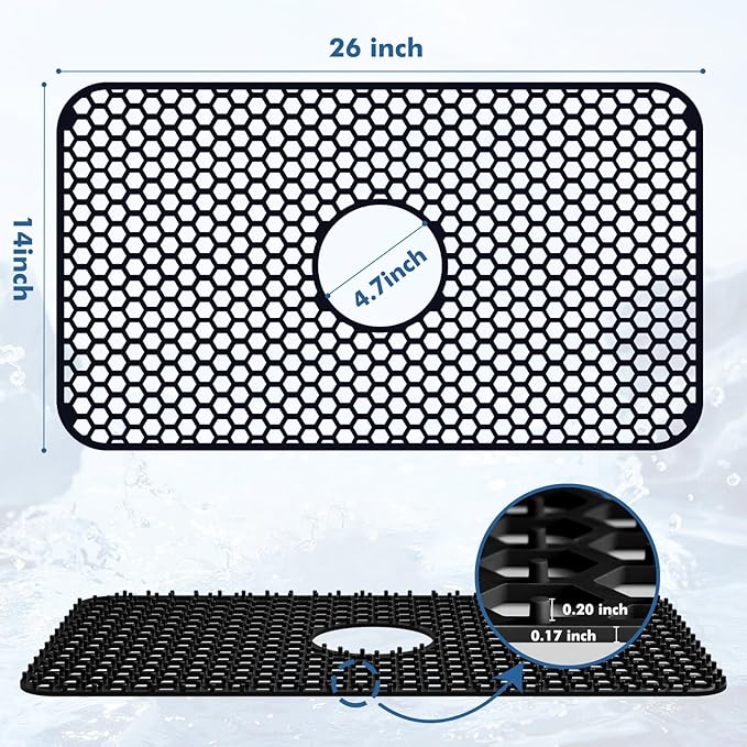 Bestjing Silicone Sink Protectors for Kitchen Sink with Center Drain, 26"x 14" Kitchen Grid Accessory, Non-Slip Heat-Resistant Mat for Bottom of Farmhouse Porcelain Stainless Steel (Center Hole,Black)