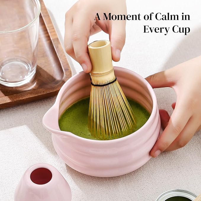 DOWAN Matcha Whisk Set, 7 Pcs Matcha Set Includes Bowl with Spout, Whisk and Holder, Bamboo Scoop and Holder, Sifter and Tea Towel - 7 Pcs Matcha Kit Gift for Lovers Beginners, Christmas (Pink)