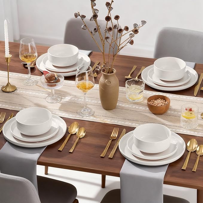 E-far 18-Piece Stoneware Dinnerware Sets, Plates and Bowls Sets for 6, Ceramic Dishware Dishes Set with Terracotta Base, Chip & Scratch Resistant, Microwave & Dishwasher Safe, Speckled White