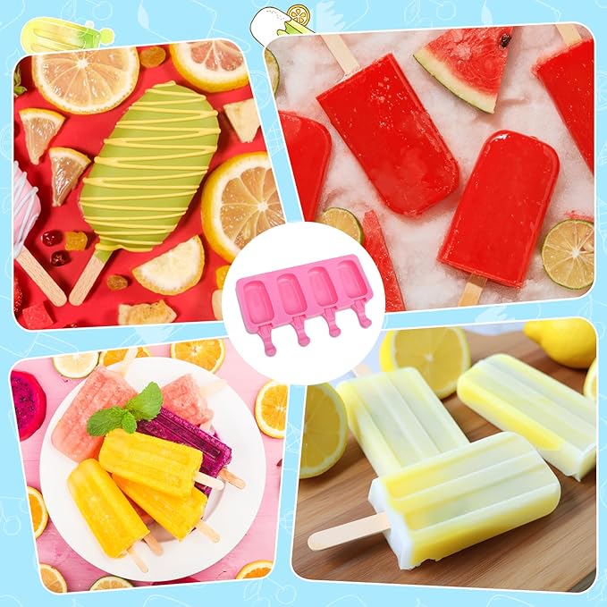 SAYAYA 2 Set Silicone Popsicle Molds with 100 Sticks, Reusable 4 Cavities Homemade Cake Pop & Cakesicle Mold for DIY Ice Cream, Ice Pop, Easy Release & Dishwasher Safe for Kids Family (Pink & Purple)