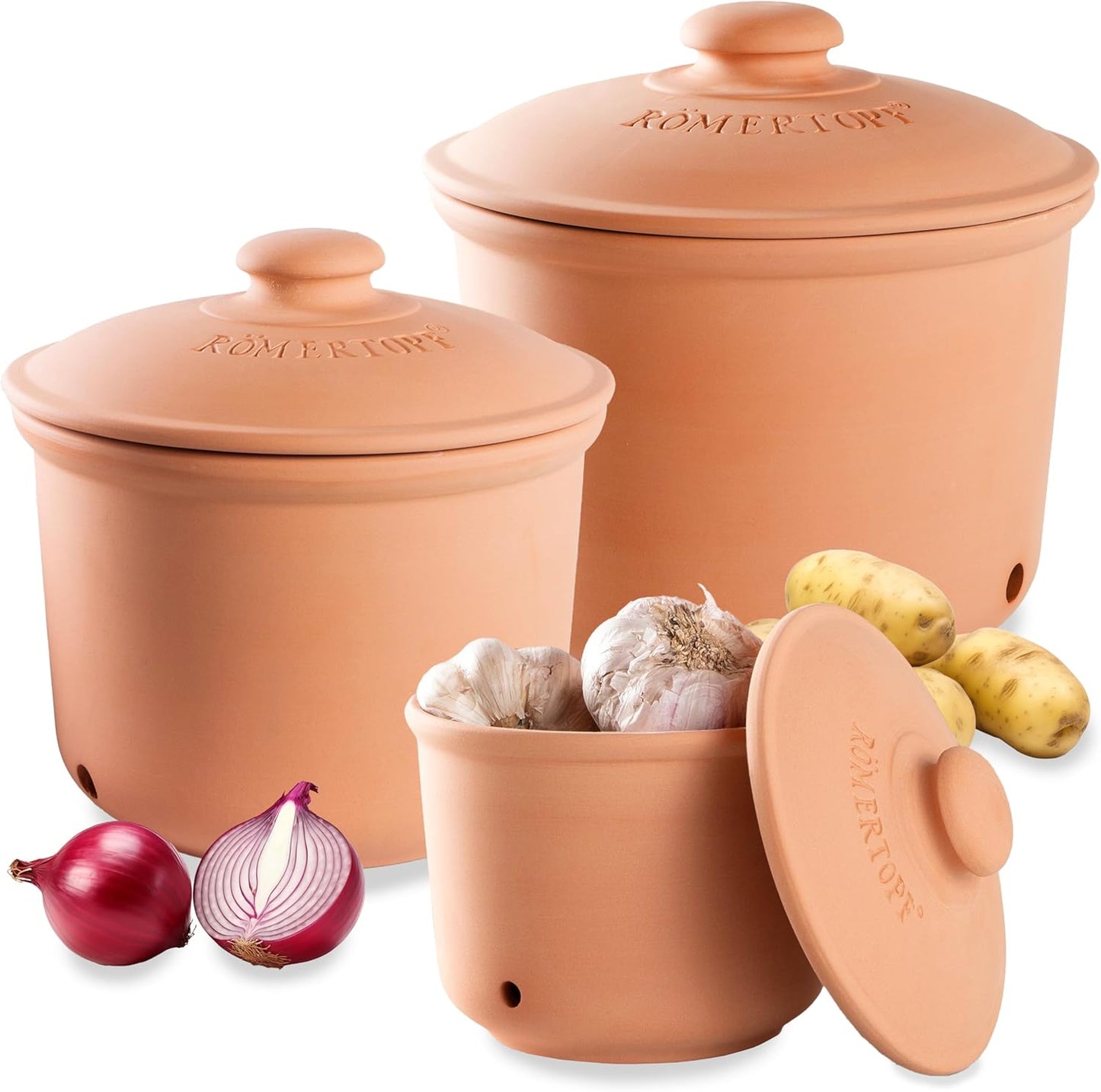 Romertopf Freshness Storage Potato Onion Garlic Clay Pot Set of 3 with Lids - Terracotta