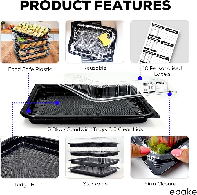 5 Pack Catering Trays with Lids – 15" Serving Tray with Lid, Heavy Duty Recyclable Plastic Party Platters for Catering, Buffet, Picnics & Events – Food Trays with Clear Lid (15.35 × 11.42 × 2.95 inch)