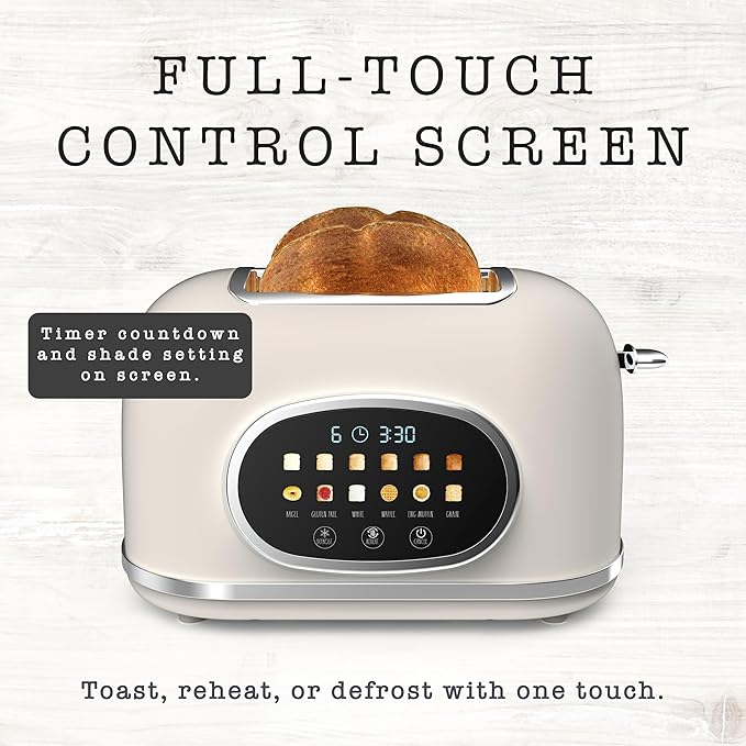 Rae Dunn Retro Digital Electric Toaster, 2 Slice Stainless Steel Toaster With Touchscreen, Countdown Timer, 6 Shade Settings, Wide Slots, High Lift Lever, Bagel, Defrost & Reheat, Digital Cream