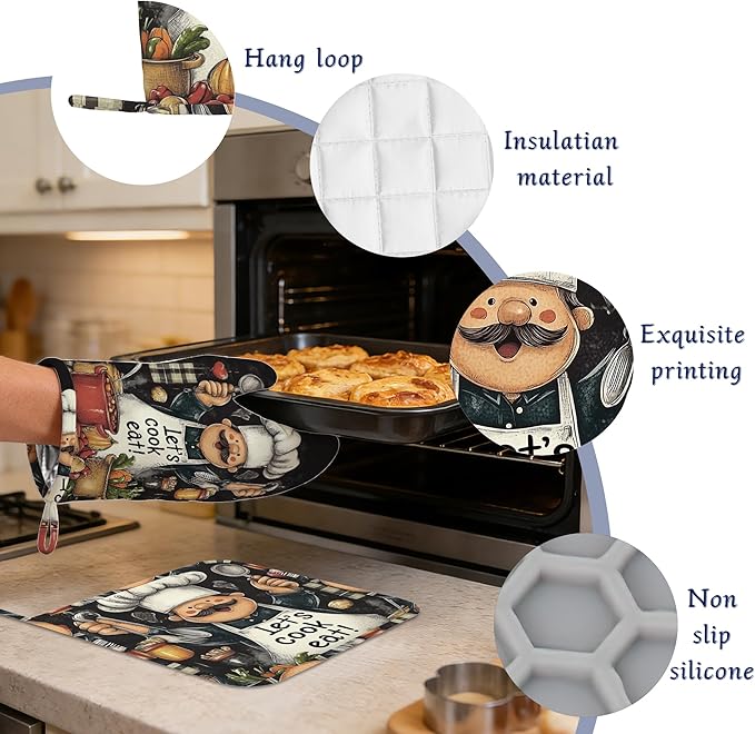 Funny Chef Pot Holders and Oven Mitts Set Silicone Let's Cook Eat Kitchen Gloves Potholders Heat Resistant Washable,Chef Cooking Baking Gifts for Women Men Bakers Lover Cooks