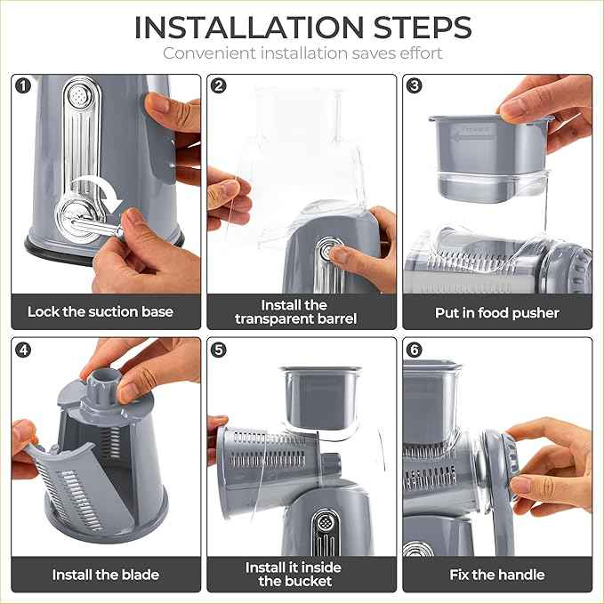SUSTEAS Rotary Cheese Grater with Handle - Vegetable Shredder with 5 Well-designed Blades & Strong Suction Base,Round Mandoline Slicer & Food Chopper for Kitchen,with Blade Storage Box(Gray)