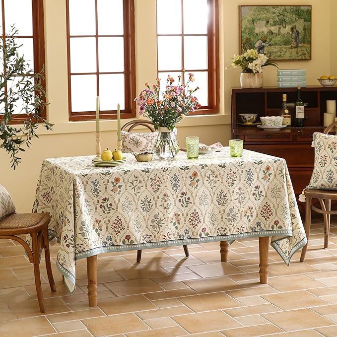 ISAENNE Designer Linen Long Rectangle Tablecloth,Western Colorful Floral Indoor Table Cloth,Wrinkle Resistant Decor Tablecloths for Dining Thanksgiving Kitchen Christmas,63"*94"-Serenity B